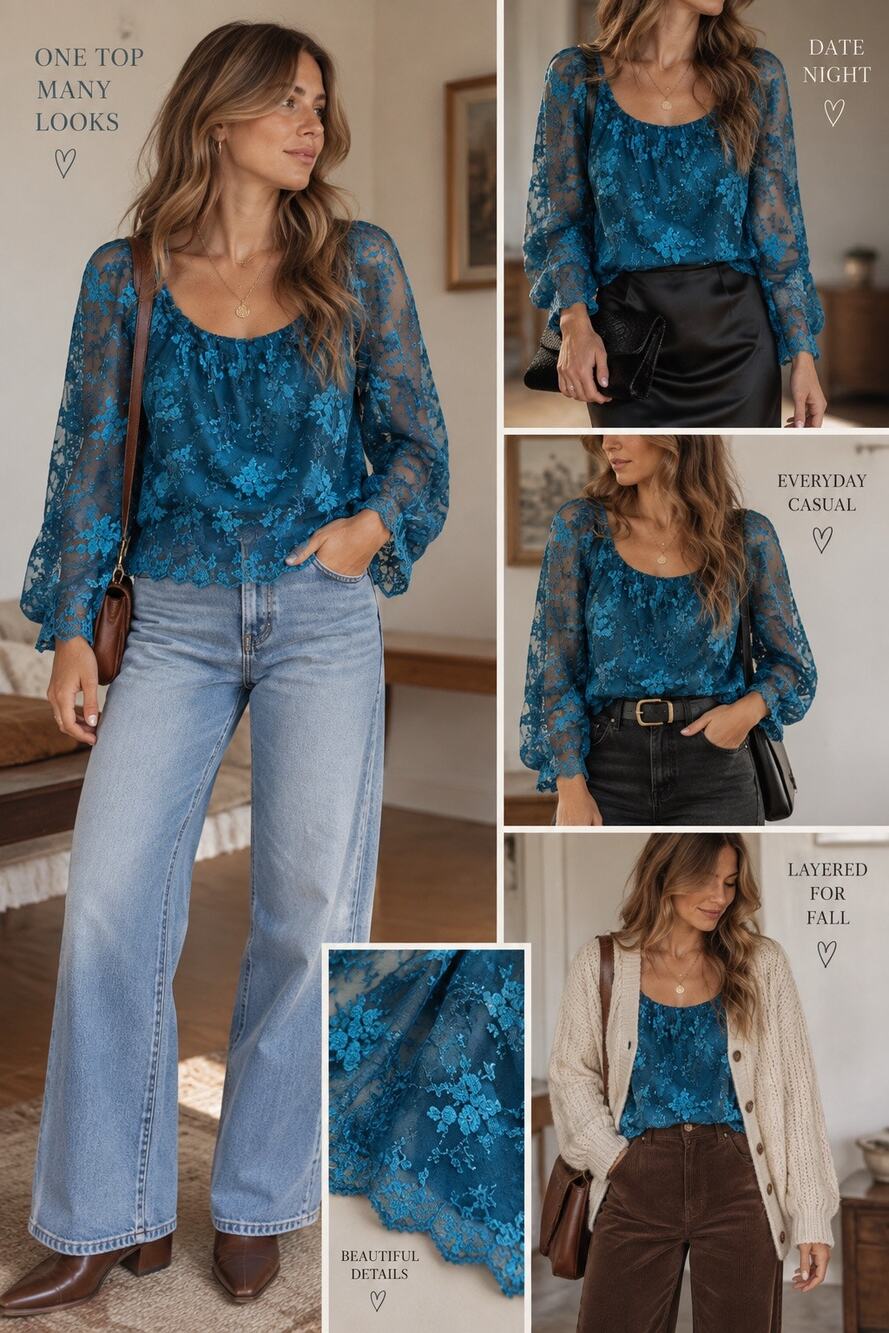 Ursime Teal Blue Floral Embroidered Lace Blouse Sheer Sleeve Romantic Top